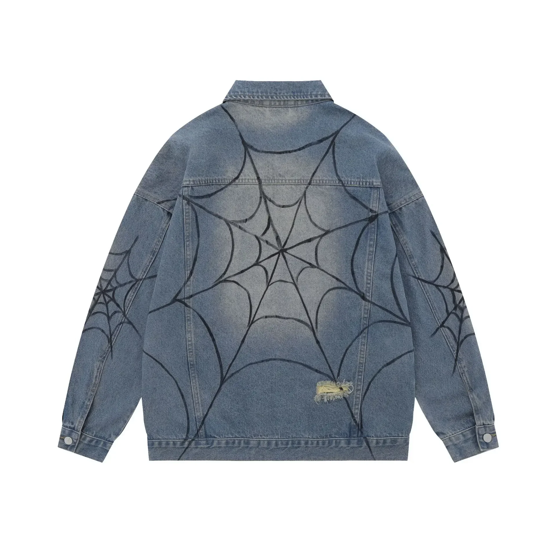 High Street Streetwear Jackets For Men Fashion Retro Blue Vintage Hip Hop Casual Spider Web Print Youth Trendy Coat Men Clothing