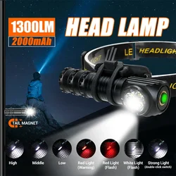 New 1300LM Headlamp Ultra Bright Type-C Rechargeable Headlight with Tail Magnet Head Flashlight Lantern for Camping Fishing