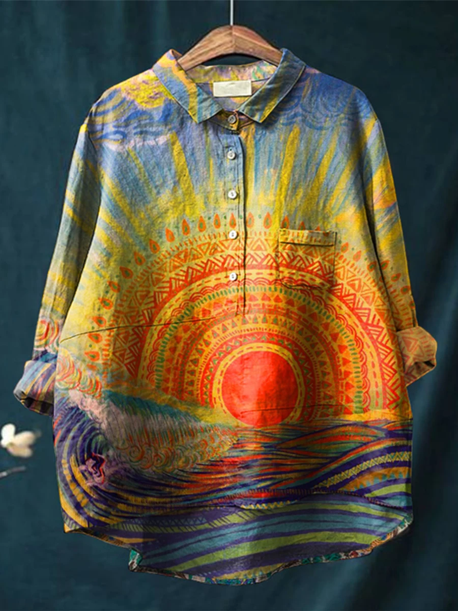 Retro Animal Abstract Art Pattern 3D Printed Fashion Women's Lapel Long Sleeve Pocket Shirt Spring Casual open tube shirt KT-04