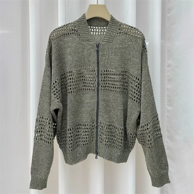 

Cardigan for women New elastic knitted hollow out long sleeved top for autumn 2025 linen blend Women's sweater Casual Knitwear