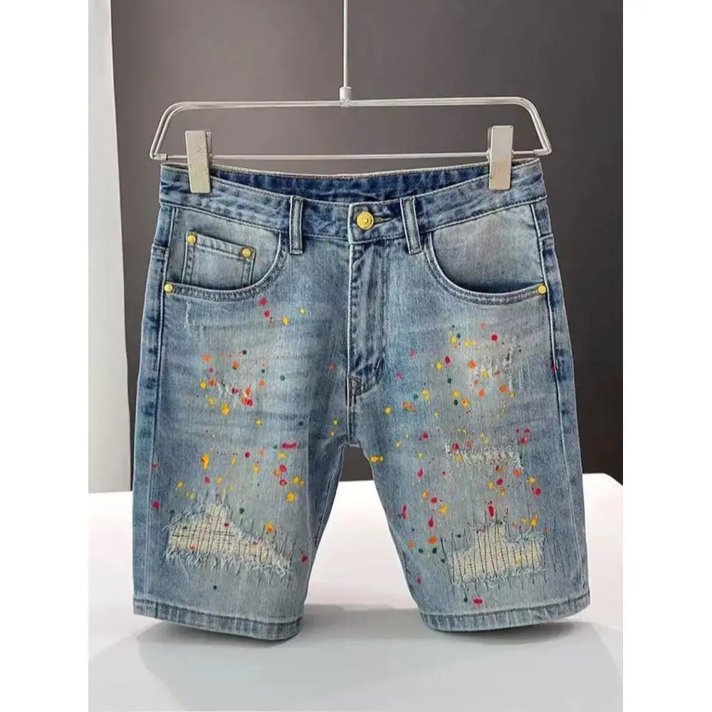 

Summer men's denim shorts, slim fit stretch shorts, distressed splatter five-point shorts, summer sports mid-length pants