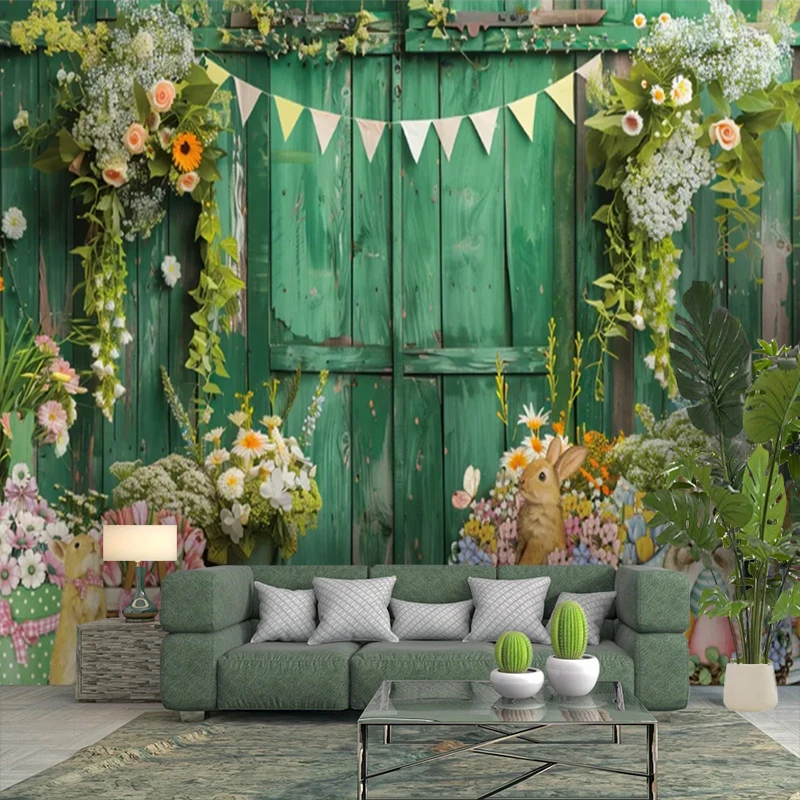1PC Easter Green Door Floral Bunny Print Backdrop Banner, Bedroom Living Room Photo Background, Polyester, Home Decor, Wall Art