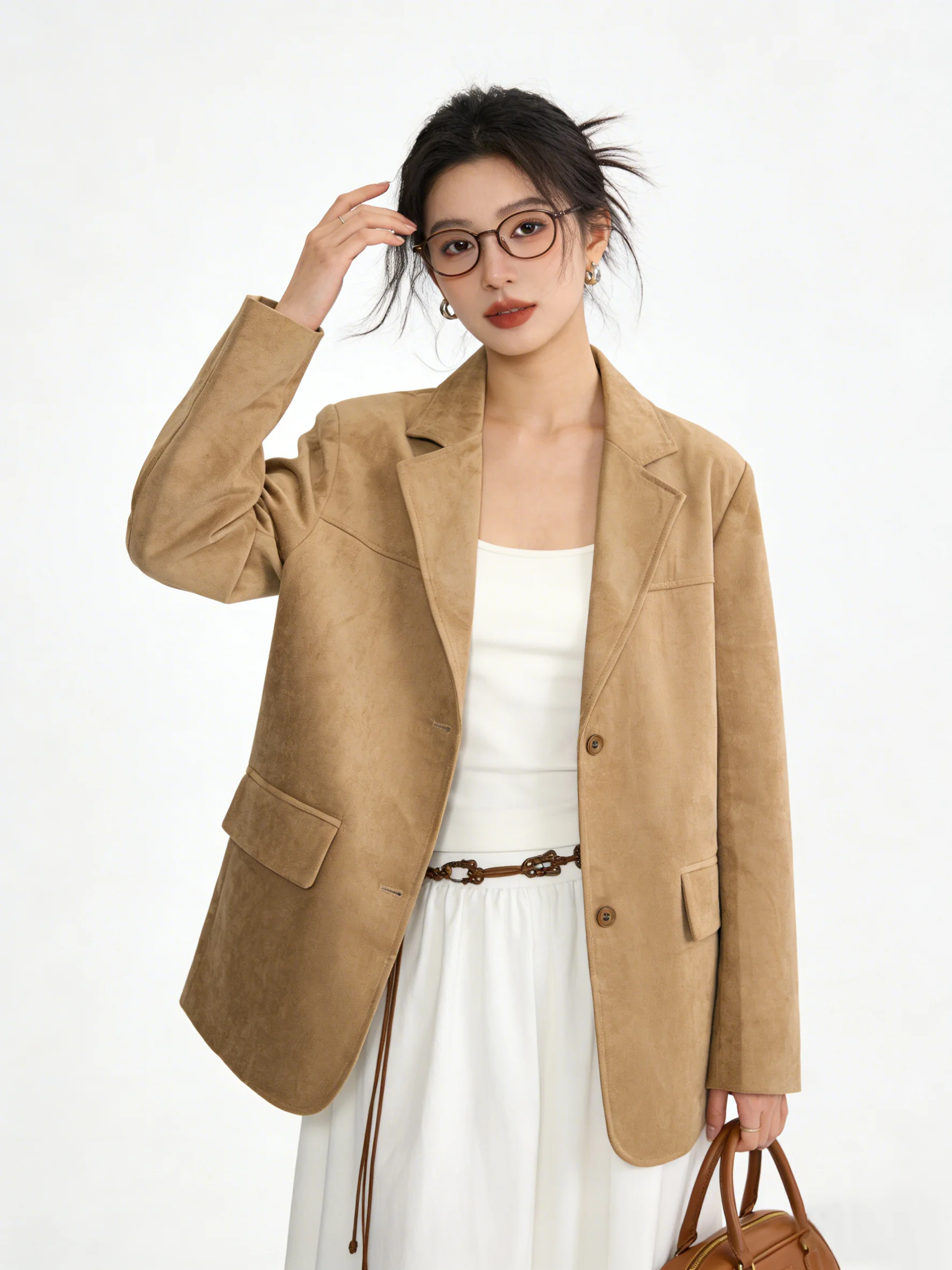 

Элегантный замшевый пиджак цвета хаки в корейском стиле для женщин, дышащий, с длинными рукавами, стандартного кроя, для повседневной носки весной