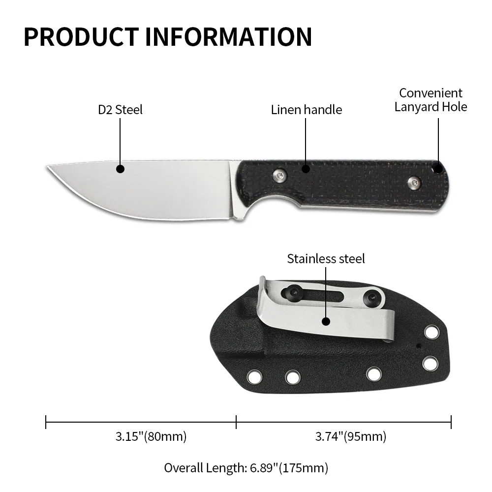 Tactical Knife D2 Steel Fixed Blade Knife With Kydex Sheath Full Tang Straight Knives for Survival Camping Hunting Tools