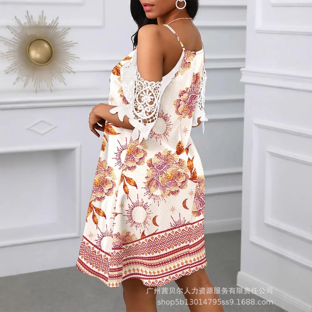 Feminino floral impressão ombro frio profundo v crochê renda mini vestido casual sexy verão moda