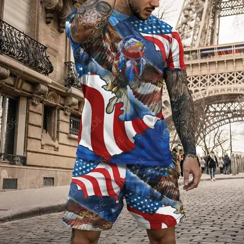 2025 Fashion Retro Men's 3D Printed T-shirt 2-piece Set Loose and Casual Oversized Short Sleeved Polyester Fiber Set