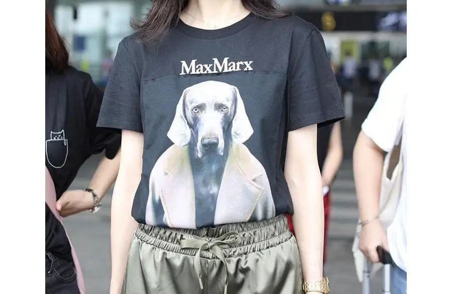

Tong Yao Heart House The Same T-shirt 2024 Star The Same Clothes Weimar Hound Dog Head Detective Short-sleeved Women's T-shirt
