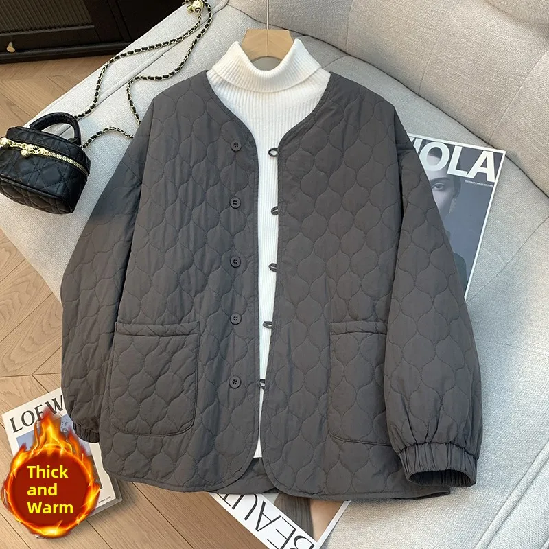 Women's Artistic Retro Gourd Pattern Puffy Cotton Jacket Pure Color Loose Fit Autumn Winter Sweet Style Cotton Coat