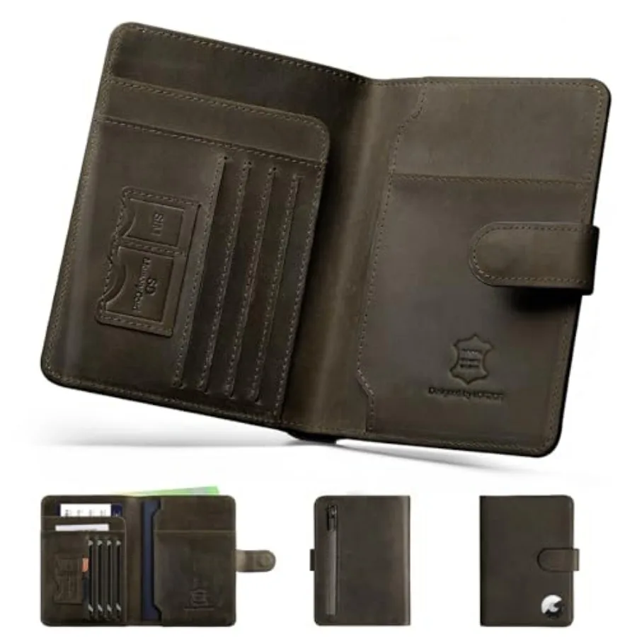 

Passport Holder for Travel: Full Grain Leather Passport Cover with Airtag Holder Magnetic Buckle for Men - RFID Blocking Bifold
