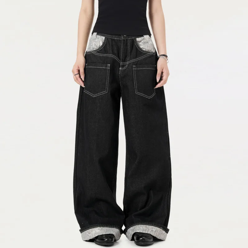 ANJY Autumn Winter New Women Python Pattern Patchwork Trend Jeans Fashion High-End Chic Ins Wide-Leg Straight Denim Pants A11971
