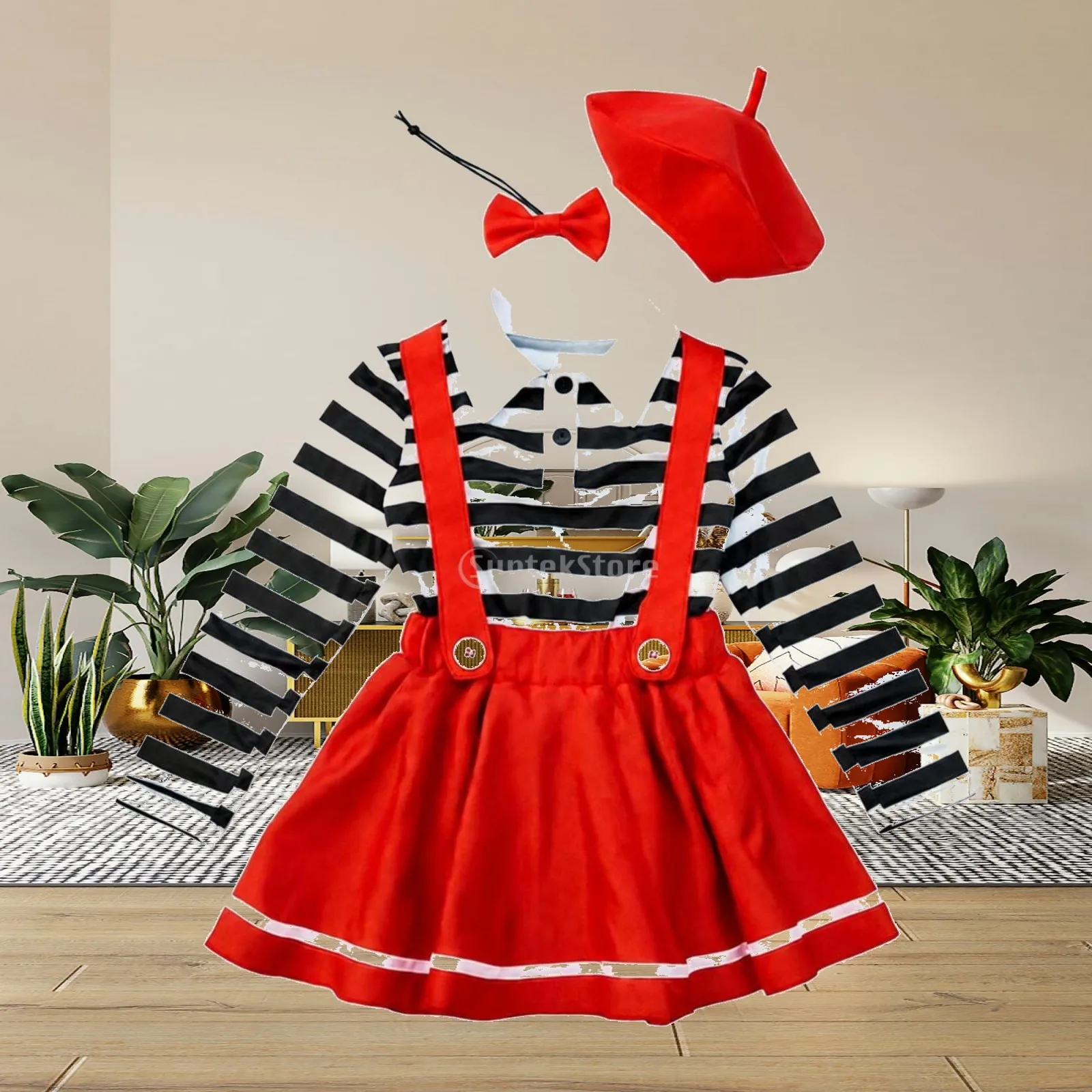 Child Carnival Costume Dress Set with Red Hat and Bow Tie for School Play Photo Memory Fun