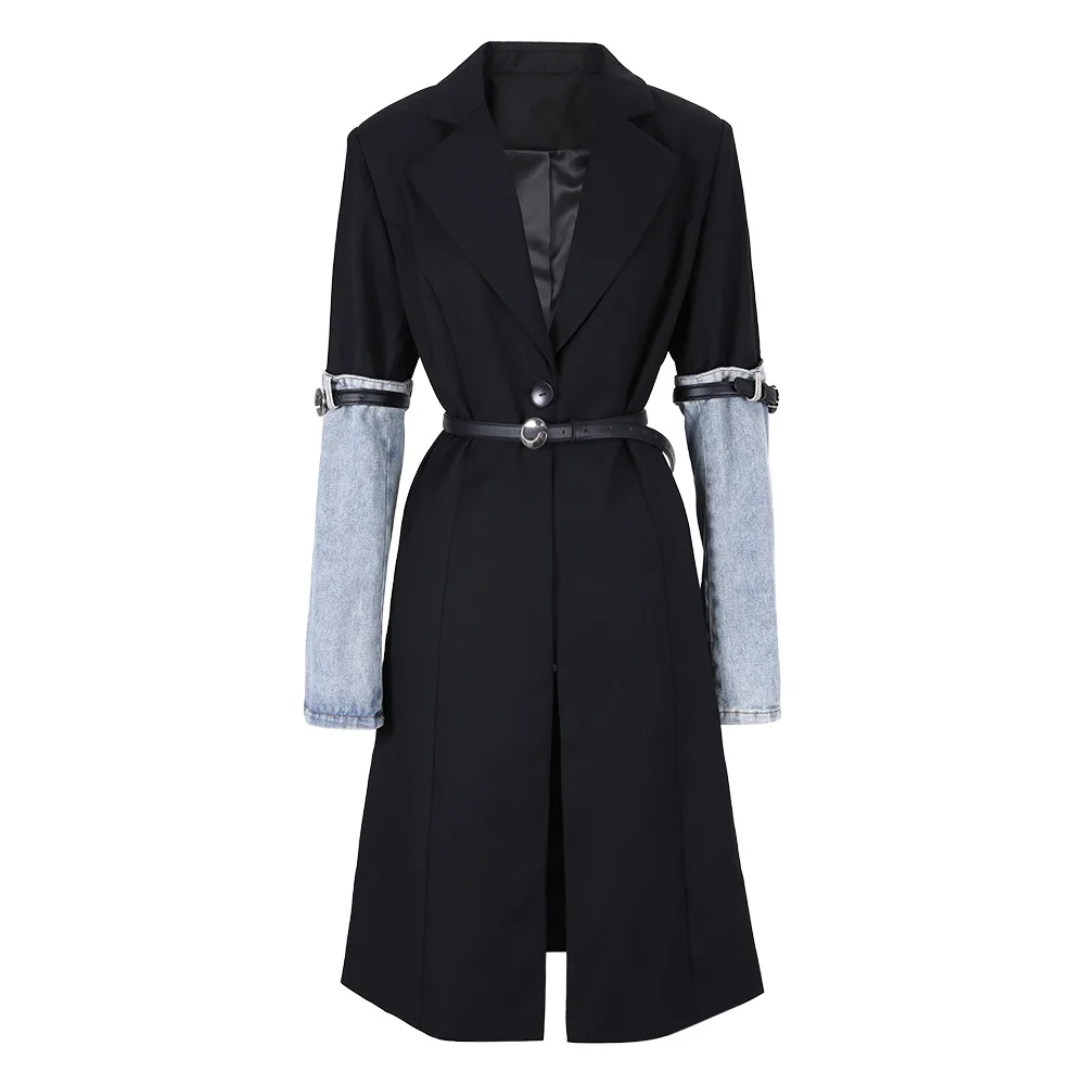 

Color Clash Trench Coat for Women Denim Splice Sleeves with Leather Belt Trenchcoats Single Button Belted Long Coat Chic Jacket