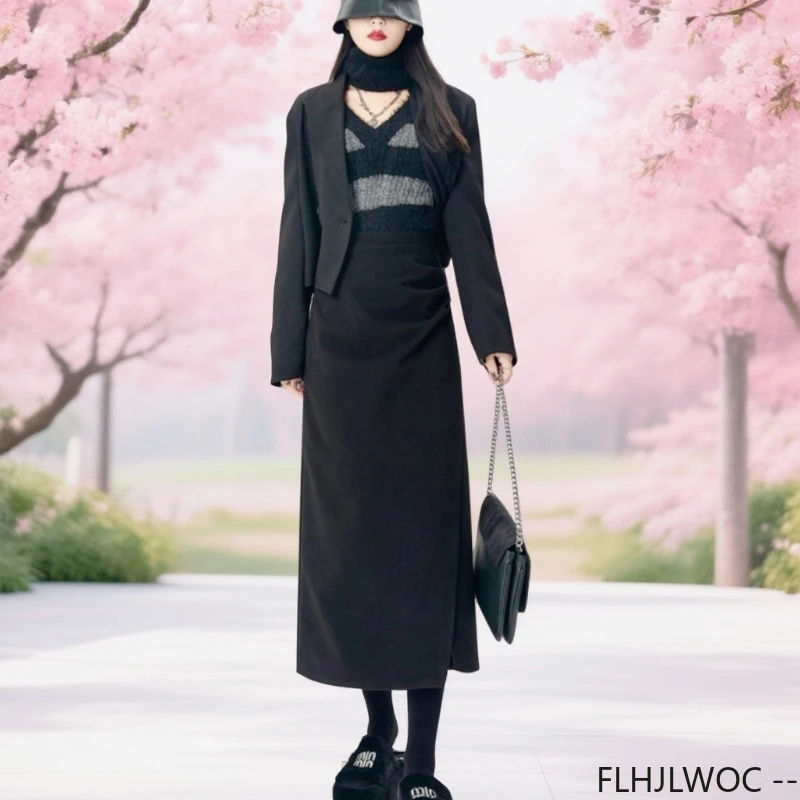 Woolen Skirts New Year Cute Girls 2026 Spring Woman Preppy Style Draped Solid Black High Waist A Line Split Pencil Skirt Long