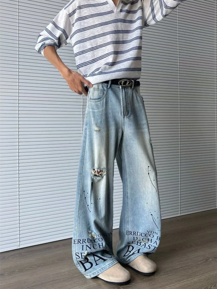 Trashy Y2K 2000S Brief Gedruckt Gewaschen Blau Baggy Zerrissene Jeans Hosen Für Männer 90S Vintage Kleidung Denim Hosen Pantalon hombre – Detail 9