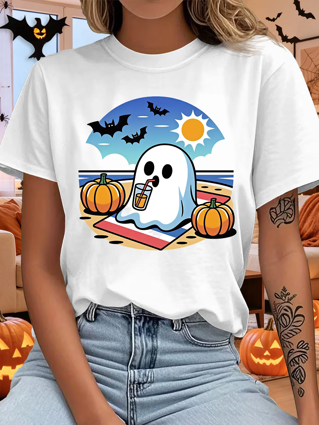 Cute Halloween Ghost Beach Vacation Pumpkin Bat Sun Art Print Graphic Ladies T Shirt Short Sleeve Crew Neck Casual Tee Tops