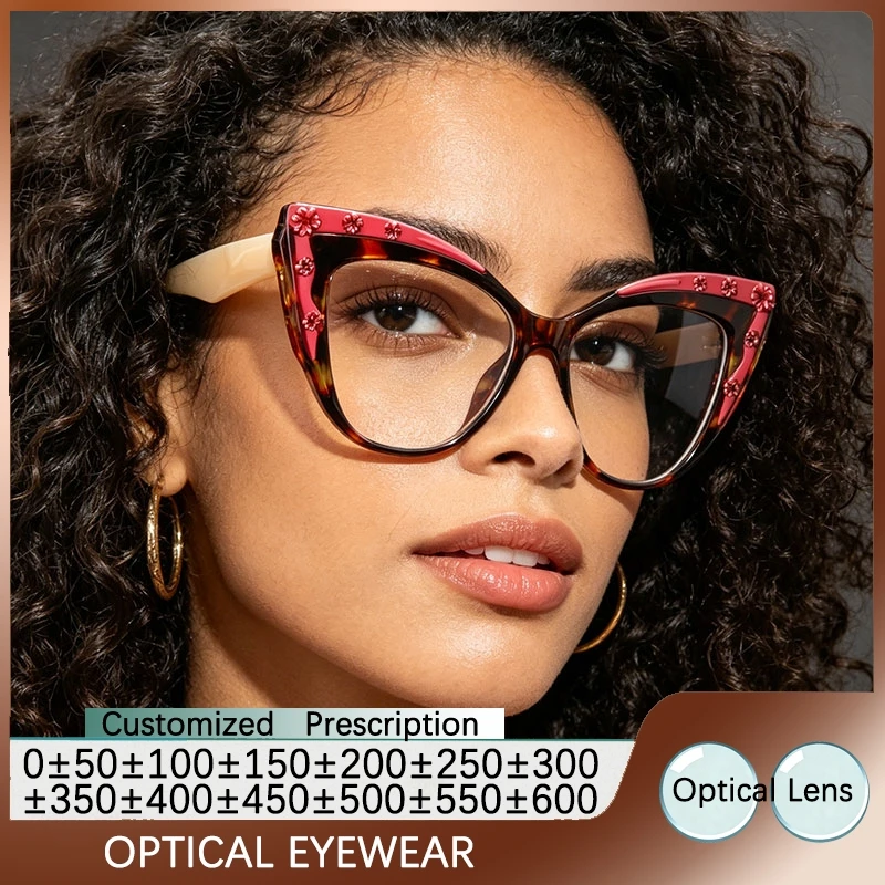 Lentes ópticas con receta, gafas de lectura para mujer, montura de gafas de diseño decorada con flores en 3D, prescripción personalizable