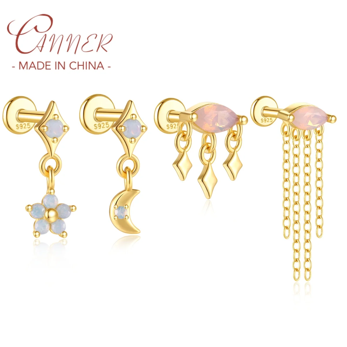 CANNER 2pc 925 Silver Opal Stars Moon Stud Earrings For Women 18K Gold Flat Head Threaded Puncture Ear Bone Ins Fine Jewelry