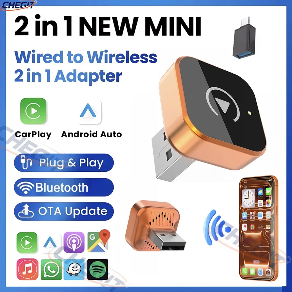 Adapteris: 2026 mini USB-C 2-in-1 bezvadu CarPlay/Android Auto.