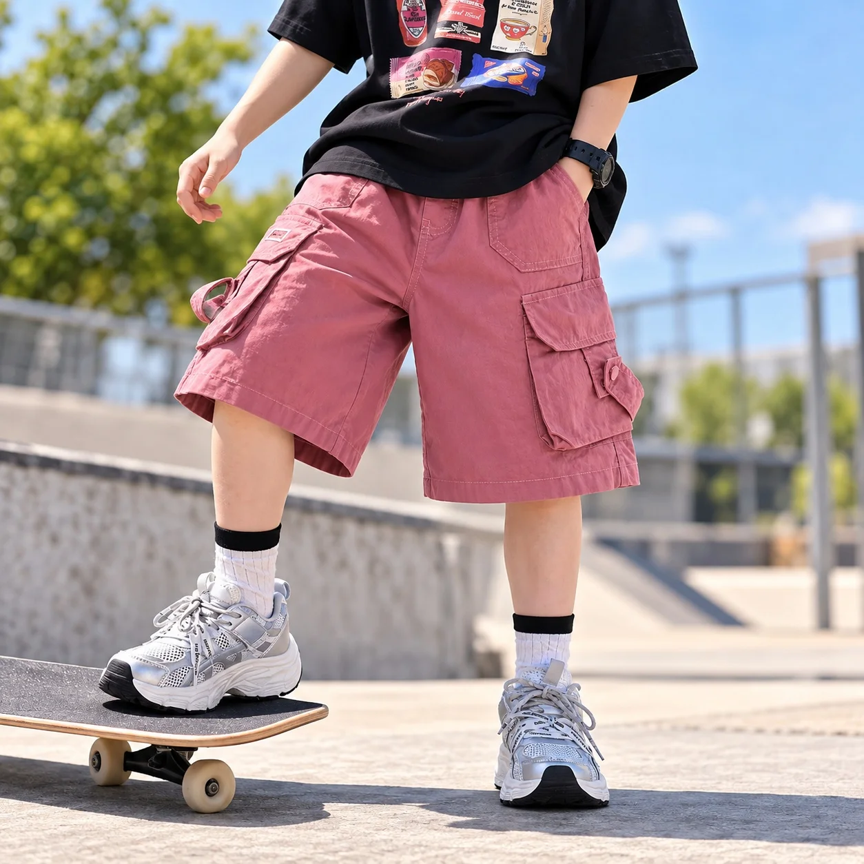 Mid Waist Breathable Belt Workwear Shorts with Enclosed Waist Elastic Waistband Cargo Pants Short Pants Summer for Men