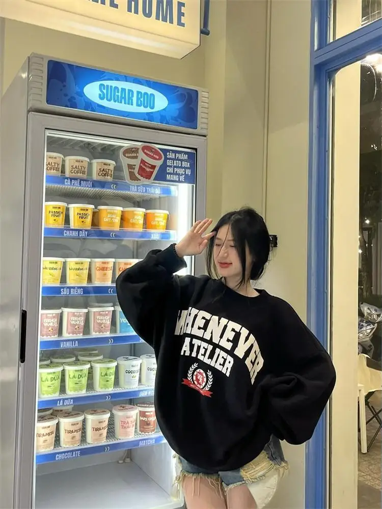 Retro American Long Sleeve Sweatshirt Couple's Loose round Neck Printed Hoodie Korean Style Spring Fashion Women's Clothing