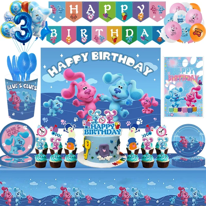 Fournitures de décoration pour fête d\'anniversaire à thème Blues Clues, chien tacheté bleu, gobelets en papier, assiettes, serviettes, ballons pour