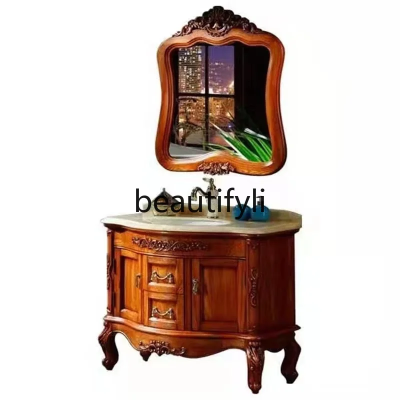 

European red oak washstand American solid wood antique bathroom cabinet marble floor washbasin cabinet