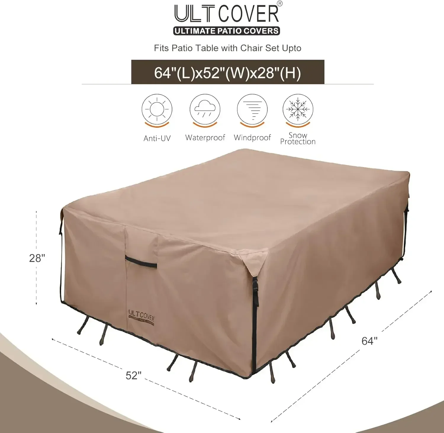 Rectangular Patio Heavy Duty Table Cover - 600D Tough Canvas Waterproof Outdoor Dining Table and Chairs General Purpose