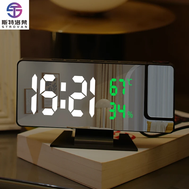 Bedroom USB Charging Electronic Alarm Clock with Projection Function Alarm Snooze Temperature & Humidity Display