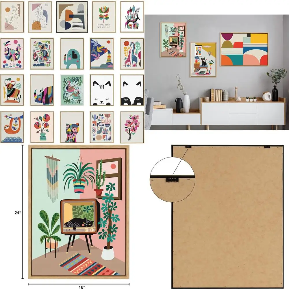 

Rachel Lee's Midcentury Calm Art: 18x24 Natural Framed Canvas, 'Kate and Laurel Sylvie' TV Cat Bed Wall Decor