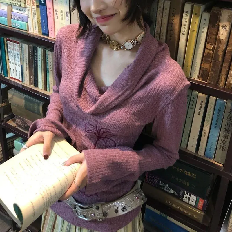 

Fashion Magnolia Embroidery Knitted Pullovers Autumn Winter Swinging Collar Women's Clothing Elegant Slash Neck Slim Sweaters