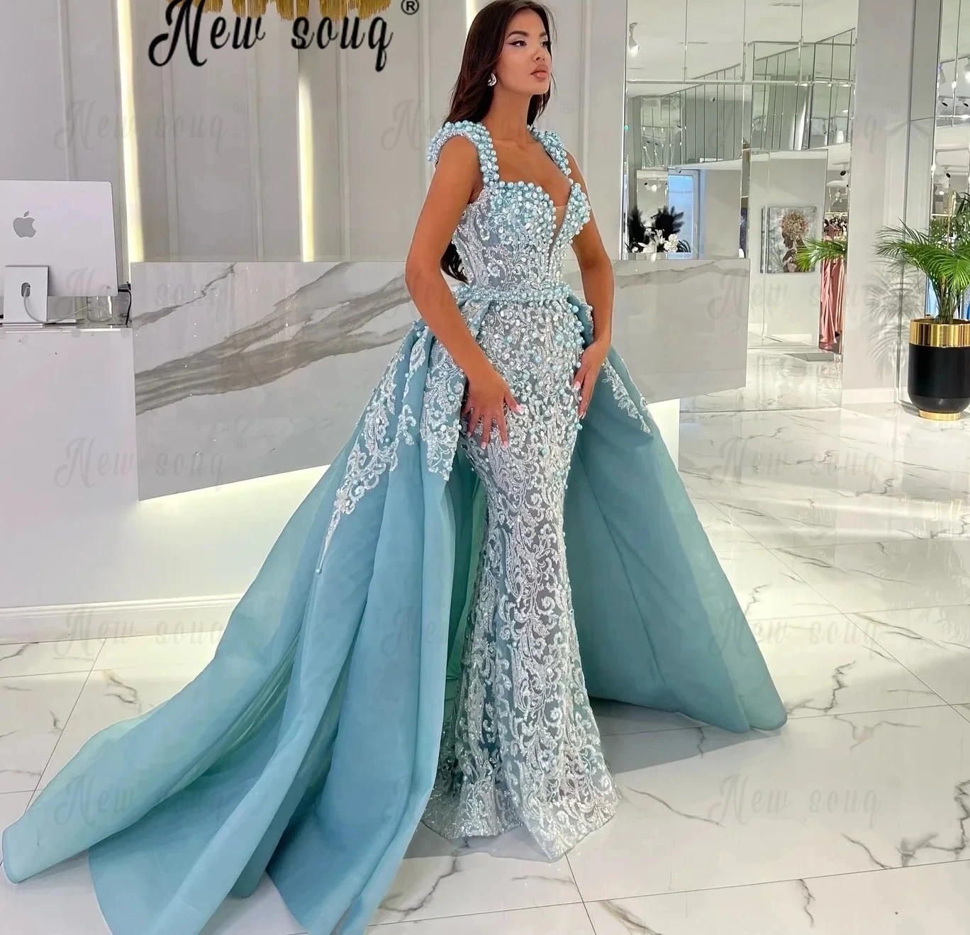 2 Pieces Embroidery Blue Evening Dresses With Detachable Train Lace Wedding Party Gowns for Women Vestidos Novias Boda Africa