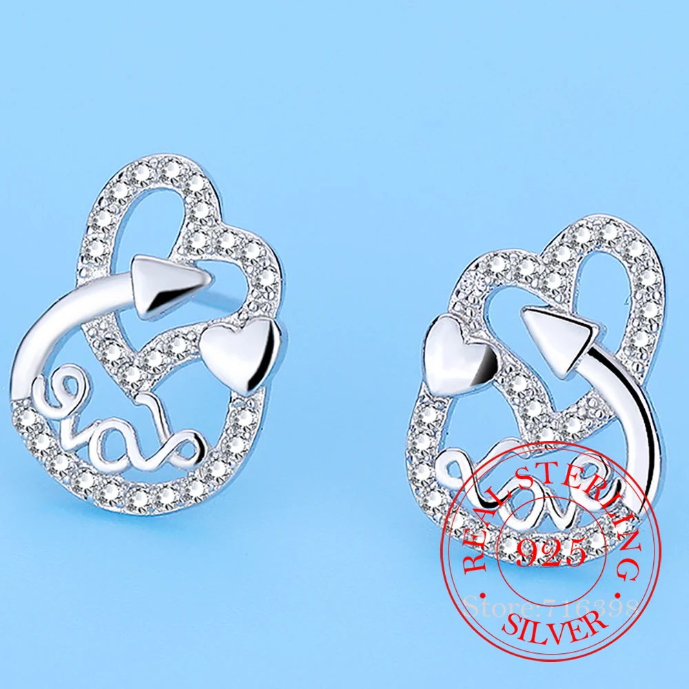 

925 Sterling Silver Jewelry Crystal Luxury Hollow Double Heart Stud Earrings for Women Wedding Party Jewelry Girl Friend Gift