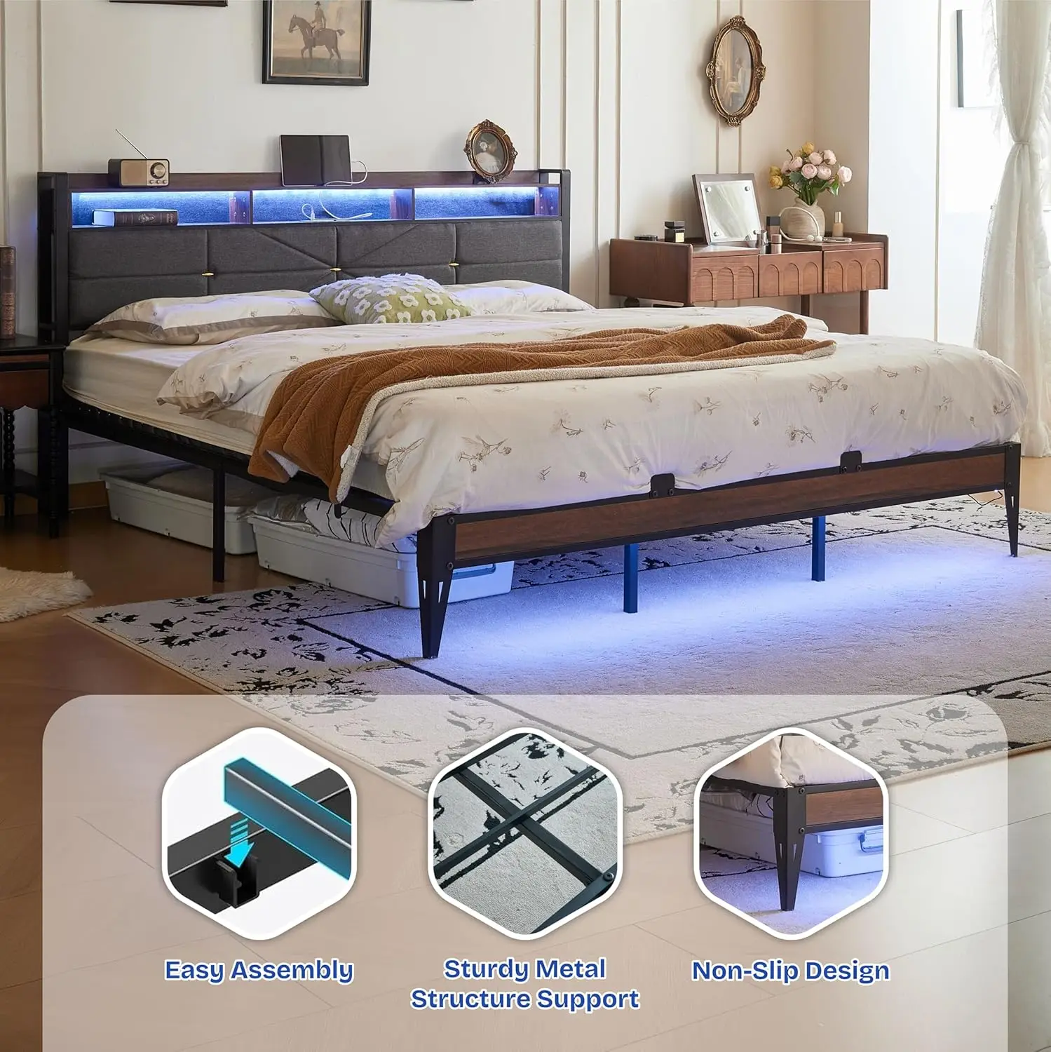 King Upholstered Platform Bed Frame with Headboard, Charging Station, Dual LED Light Strips, 2-Tier Storage Shelves, Heavy Duty Metal Construction, Noise-Free, No Box Spring Needed, Black view 5