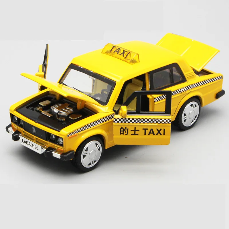 

1/32 Diecast Russian LADA Taxi Model, 15cm Metal Car, Children Alloy Toys with Gift Box/Openable Door/Pull Back Function/Music