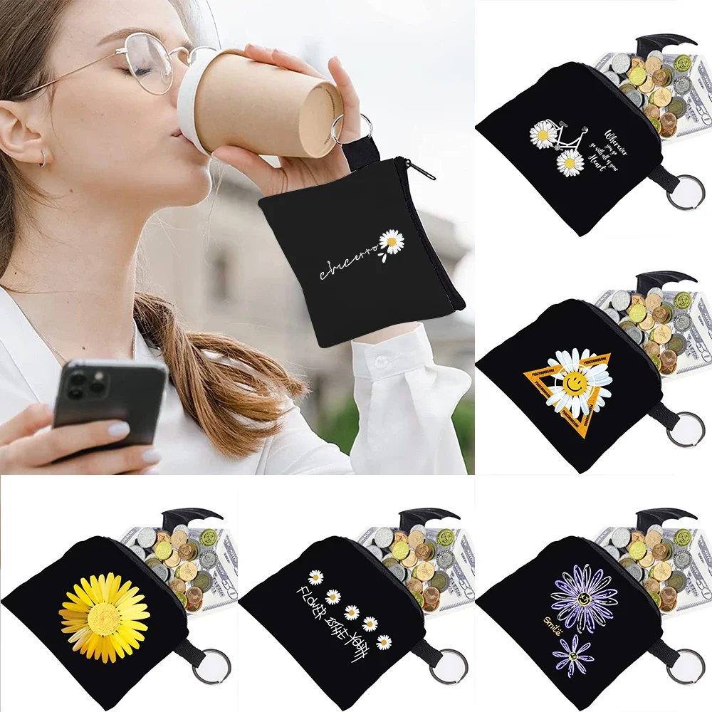 Women Purse Coin Bag Earbuds Key Storage Bag Small Object Ring Buckle Zipper Black Canvas Small Daisy Printed Pattern Series