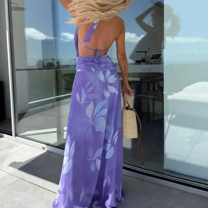Female Sexy Halter Hollow Sleeveless Holiday Bohemian Lace Up Casual Beach Fashion Pattern Print Backless Long Dress