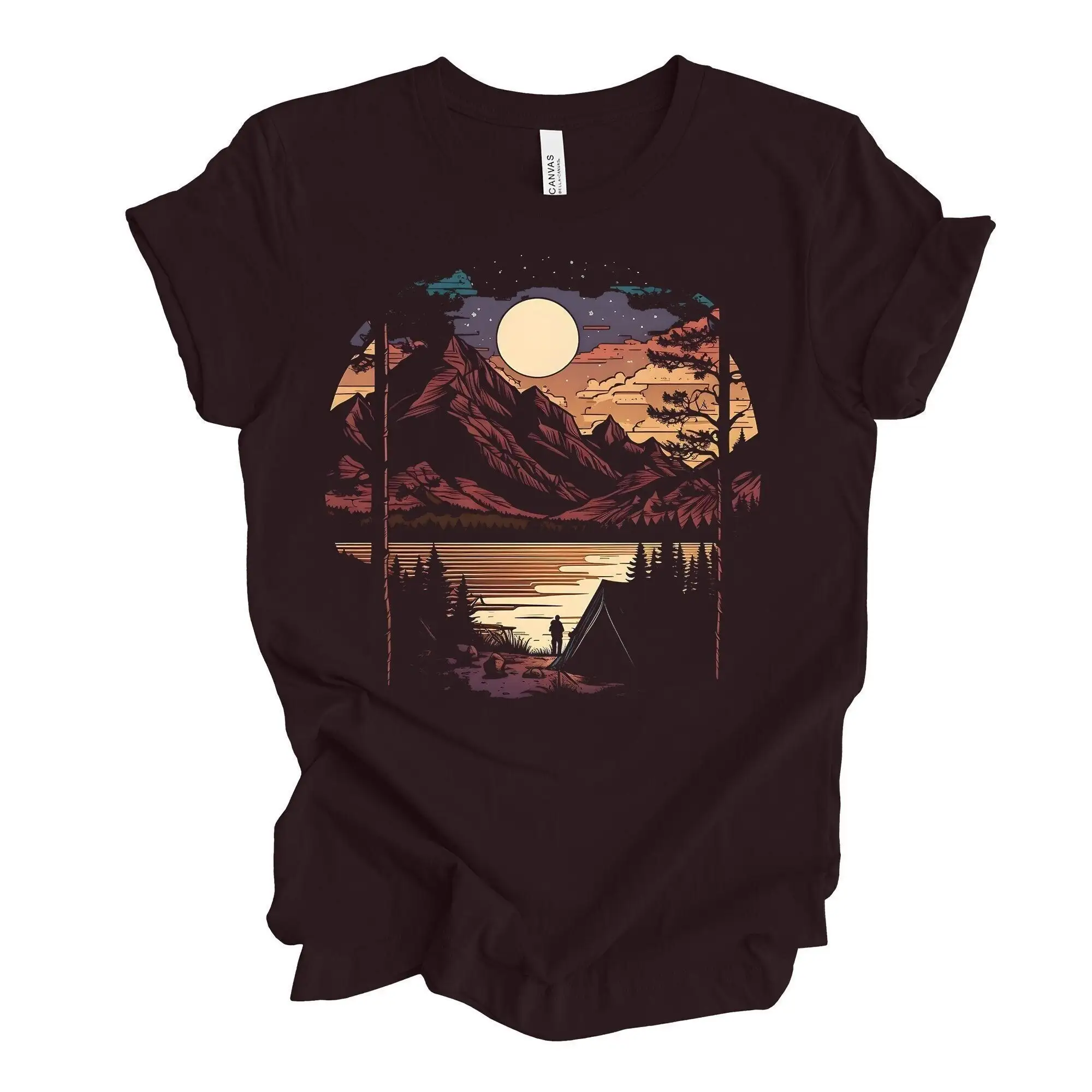 Camping Mountain T Shirt Moon Over Watercolor With Campfire Lake Design Premium Unisex 4 Color Choices 3X 4X