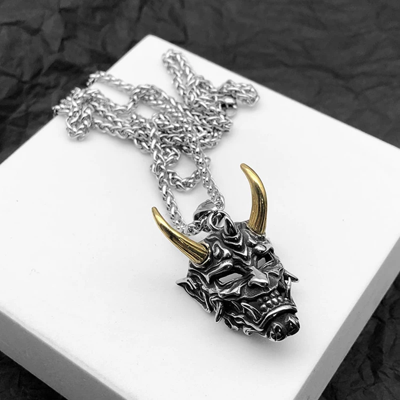 Anger Hannya Evil Demon Horn Ghost Skull Mask Pendant Necklace Men Vintage Punk Gothic Monster Choker Rock Jewelry Gifts for Him