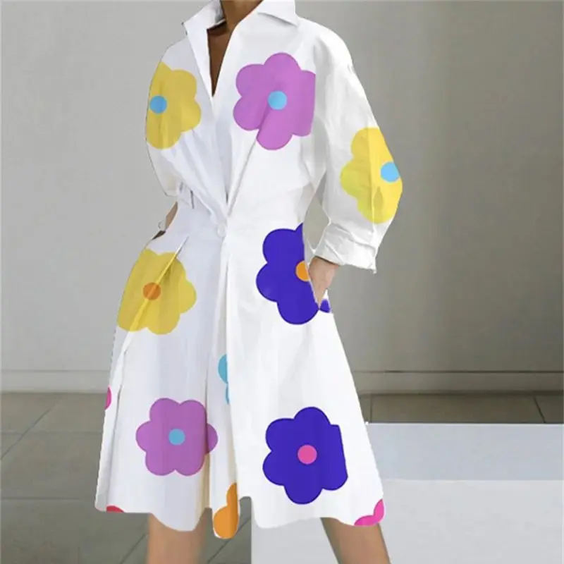 Women's Autumn Dress Long Sleeve Dot Print Elegant Midi Dresses White Casual V Neck Pockets Women Shirt Party Dresses Vestido