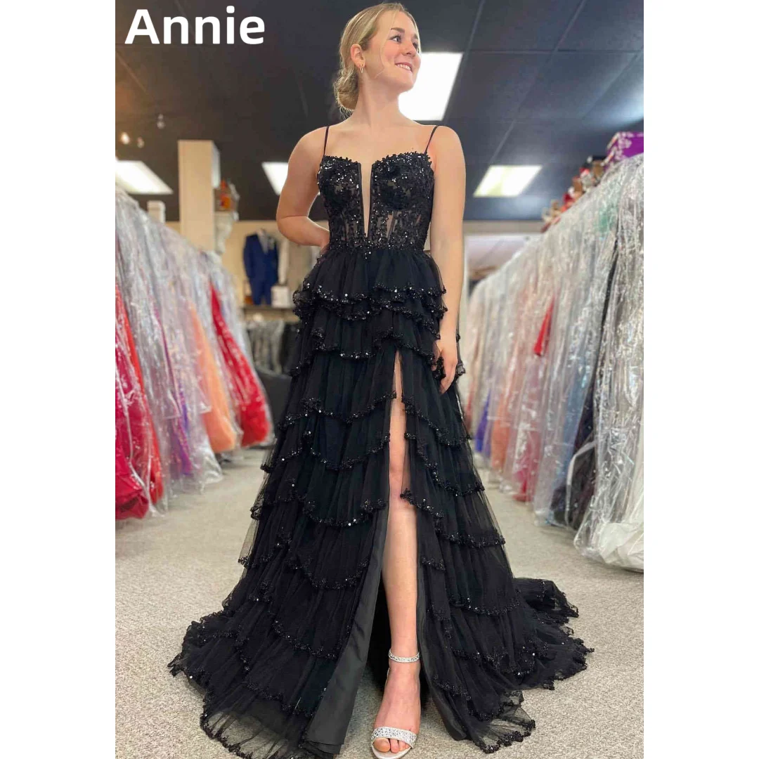 Annie Black Prom Dresses Luxury Glitter Tulle Special Occasion Evening Dresses Women's Wedding Party Dress Robes De Soirée