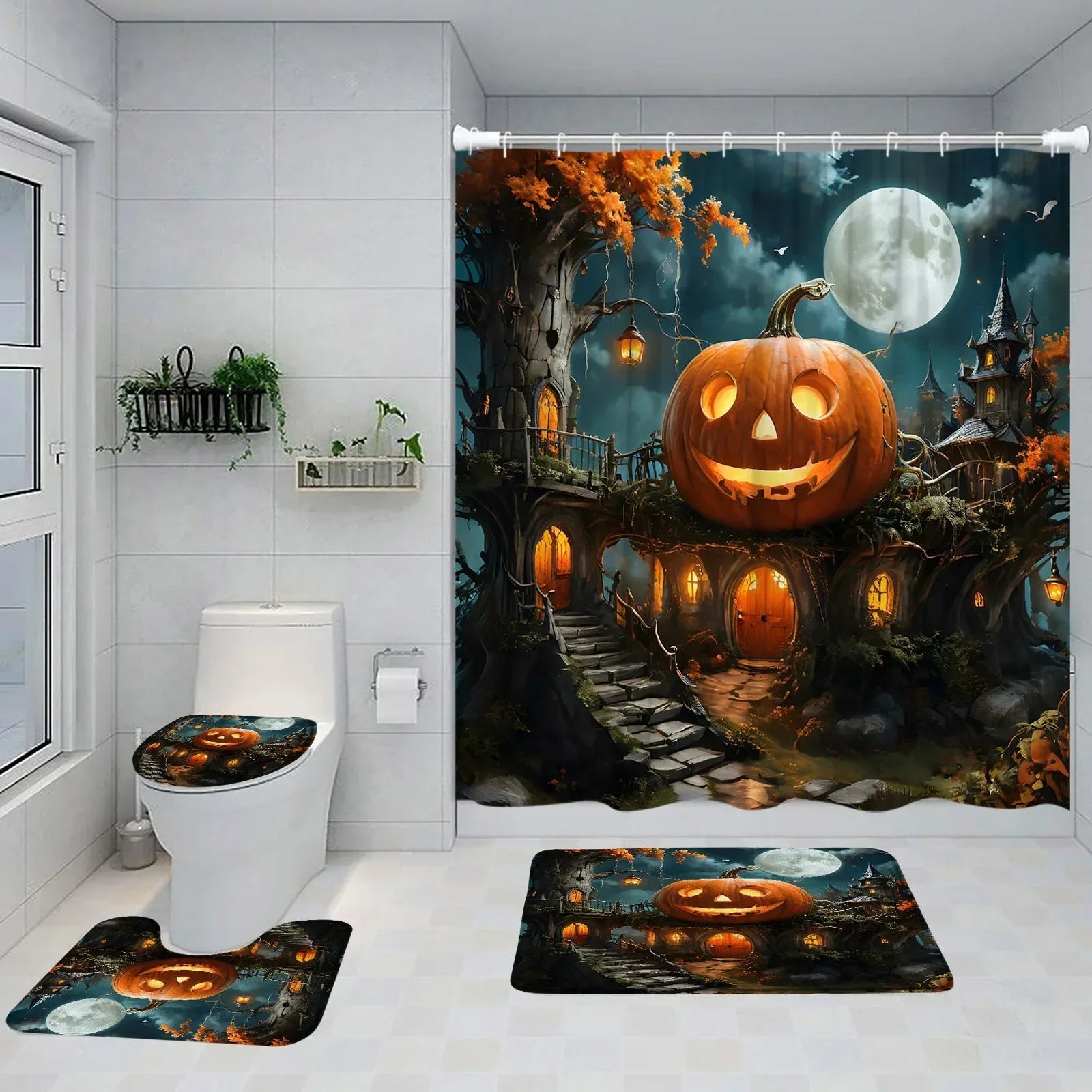 Halloween Shower Curtain Set Scary Haunted House Evil Pumpkin Full Moon Night Horror Castle Forest Bathtub Mat Toilet Lid Cover