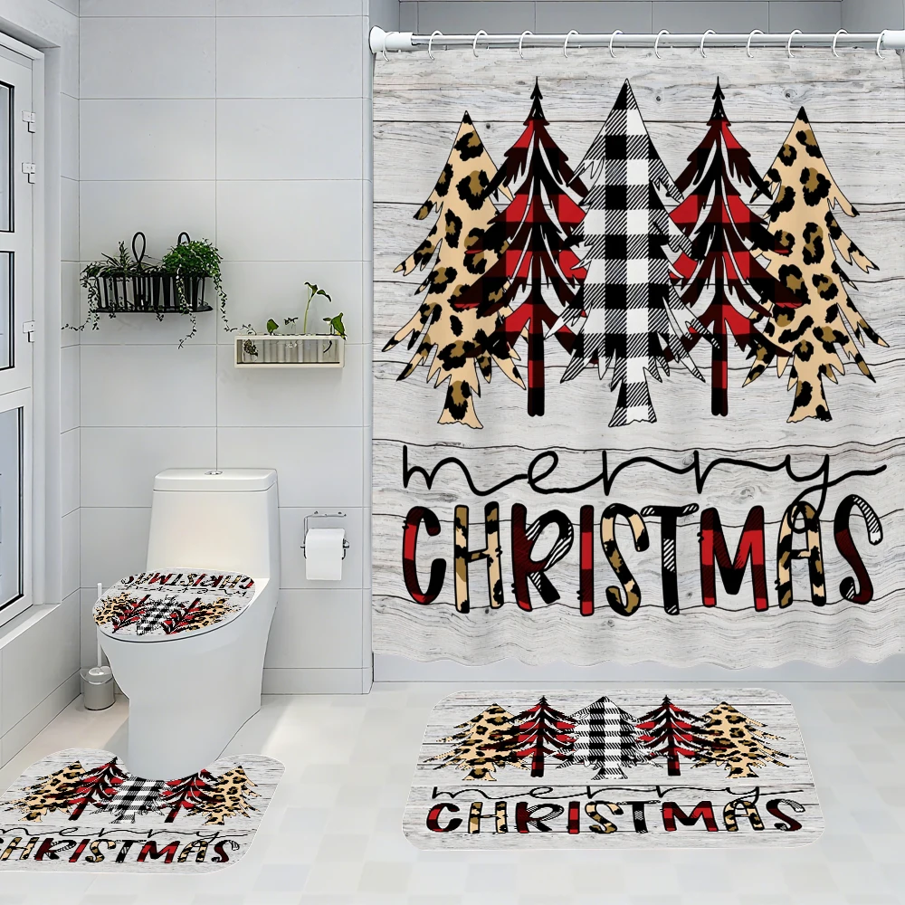 

4pc Christmas Tree shower curtain set, 2D flat printing bathroom partition curtain, modern home curtain decoration