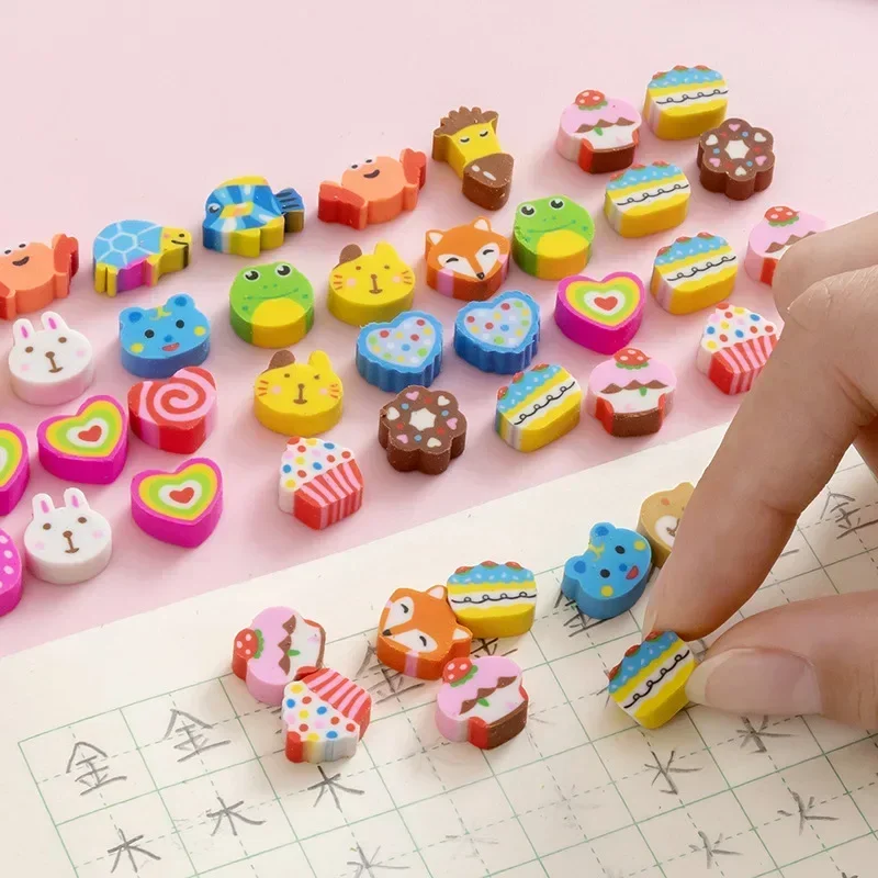 50pcs/bag Cartoon Animals Fruit Erasers Mini Cute Rubber Pencil Erasers Kids Praise Gifts Kawaii Stationery Office Supplies