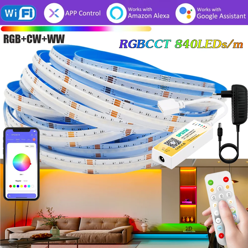 WiFi Bluetooth DC24V COB LED Strip Light RGB+CCT FOB COB Dimmable Tape Lights 840LEDs/m High Density BanlanX APP Voice Control