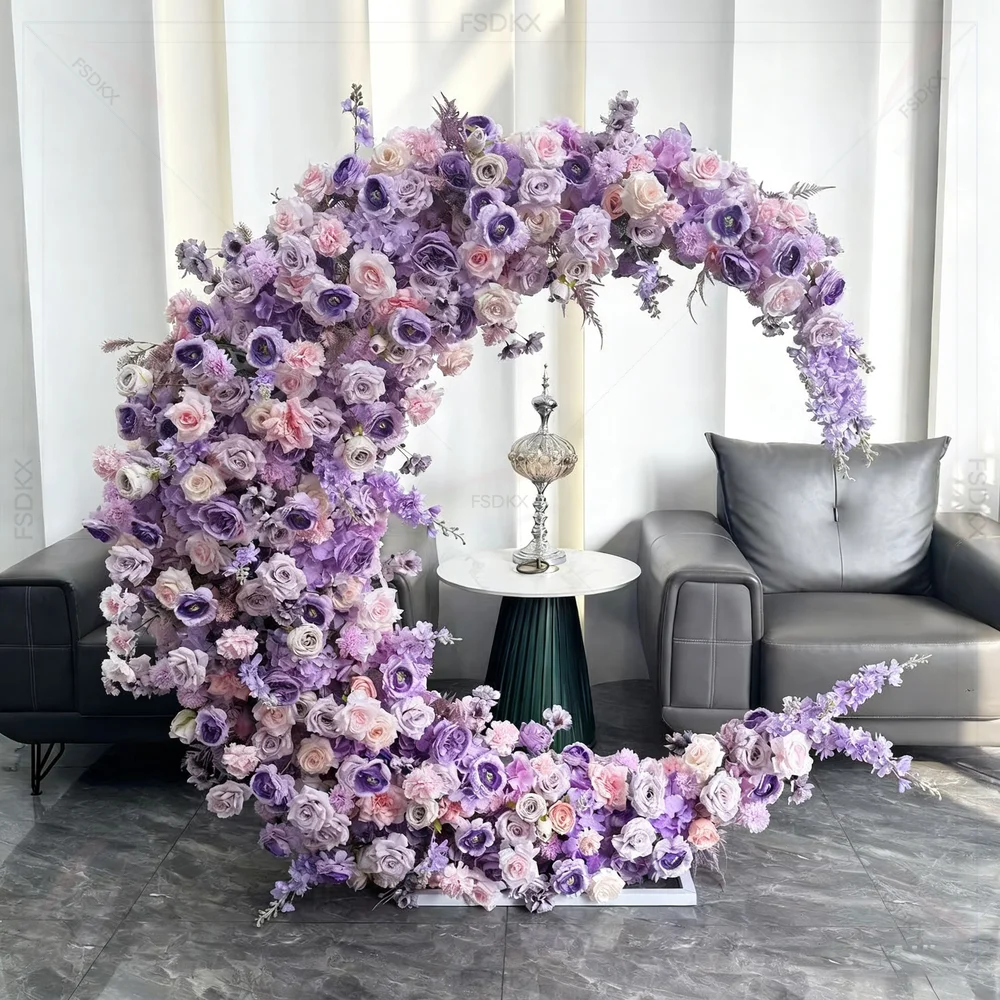 

Wholesale Pink Half Moon Arch Romantic Artificial Flower Moon Runner Arch for Wedding Decoration