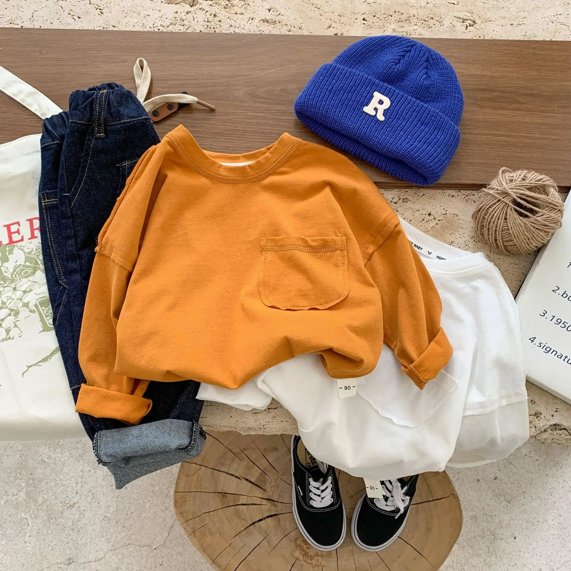 الفتيان الفتيات الأطفال قميص طويل الأكمام ملابس ربيع الخريف 2-7Y الاطفال القطن تي شيرت بلون عادية الأساسية قاع الأعلى #3