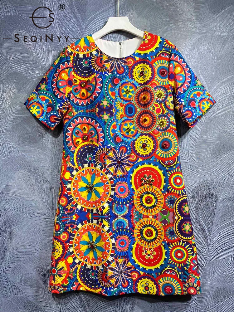 

SEQINYY Blue Mini Dress Summer Spring New Fashion High Quality Orange Flower Vintage Beading Short Sleeve Elegant Casual