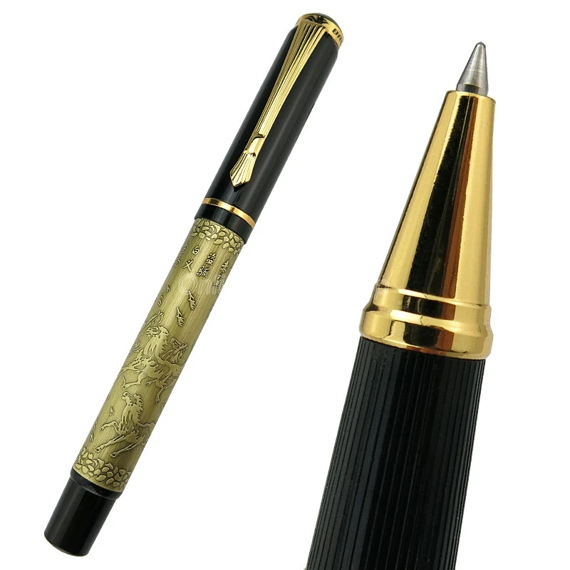 

Baoer 507 Metal Bronze Ancient Eight Running Horses Roller Ball Pen Gold Trim Refillable Office School Writing Accessory