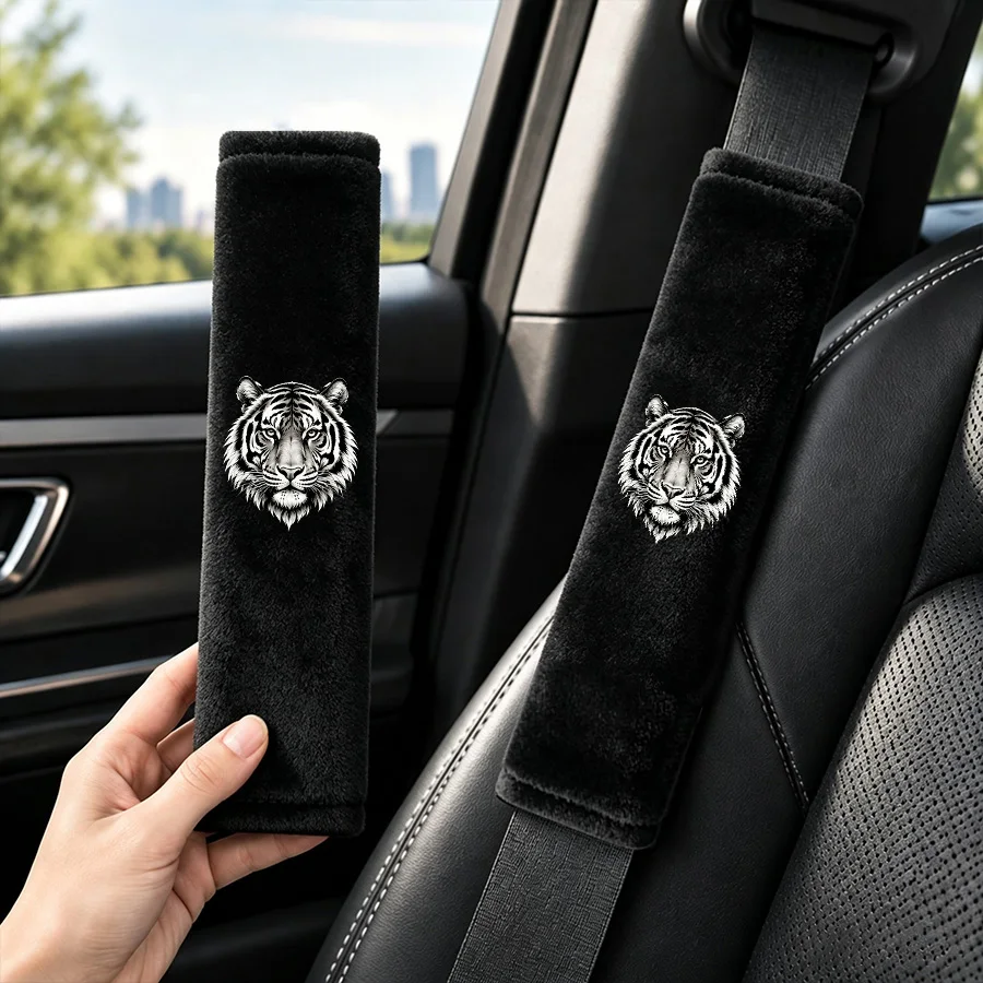 2pcs Car Seat Belt Cover, Crystal Velvet Tiger Head Pattern Shoulder Guard, Soft and Comfortable, Car Interior Accessories