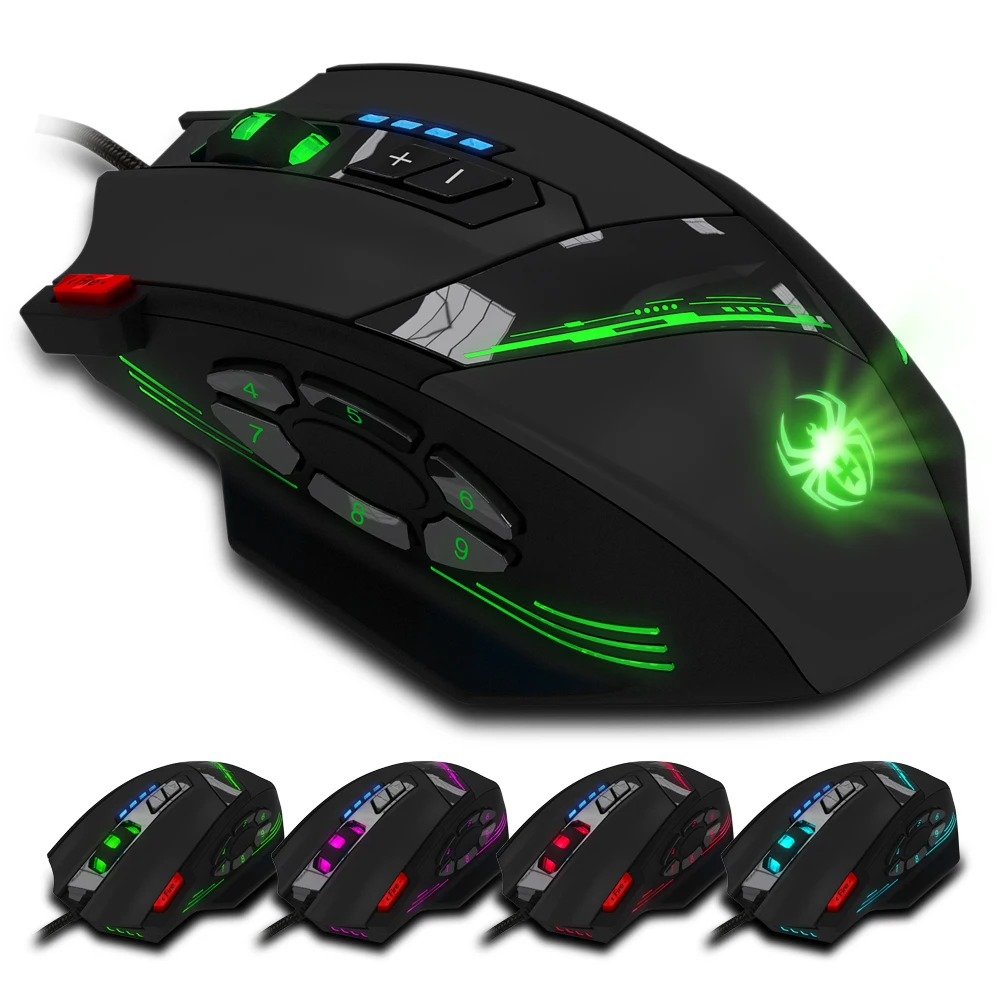 ZELOTES C-12 Wired Mouse USB Optical Gaming Mouse 12 Programmable Buttons Computer Game Mouse w/ 4 Adjustable DPI 7 LED Lights